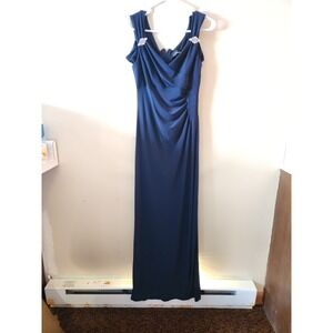 R&M Richards Size 8 Navy Floor Length Formal Gown Ruched Back With Side Slit